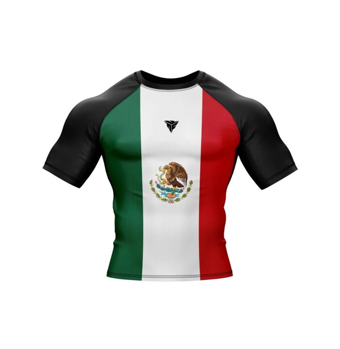 Front view of Mexico patriotic rash guard on model