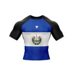 Front view of El Salvador Patriotic Rash Guard with short sleeves