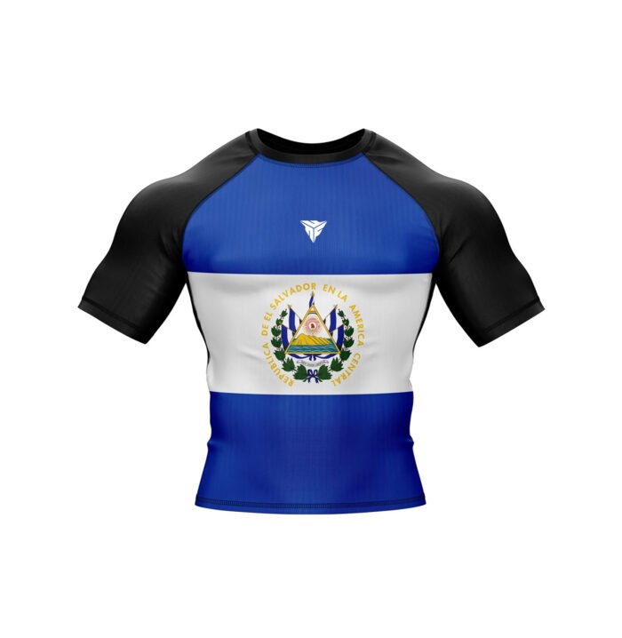 Front view of El Salvador Patriotic Rash Guard with short sleeves