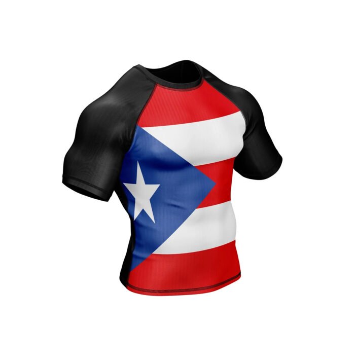 Close-up of high-quality fabric and stitching on Puerto Rico rash guard