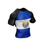 Side view of El Salvador Patriotic Rash Guard with short sleeves