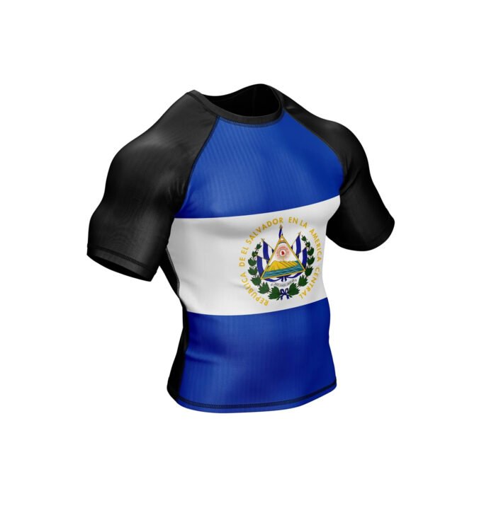 Side view of El Salvador Patriotic Rash Guard with short sleeves