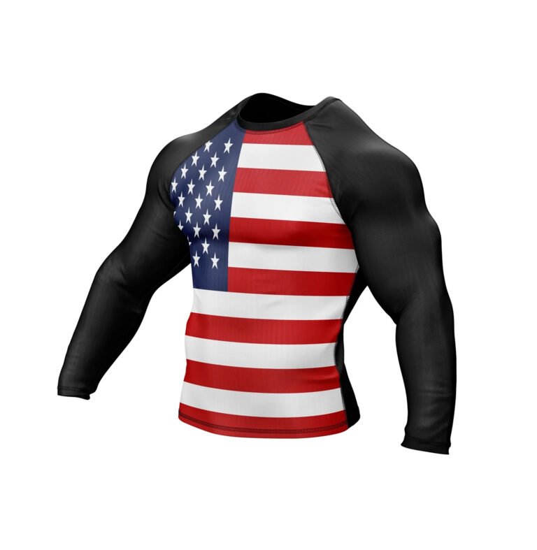 Side profile of a person wearing the American flag rash guard, showcasing its snug fit and four-way stretch fabric, ideal for surfing or swimming.