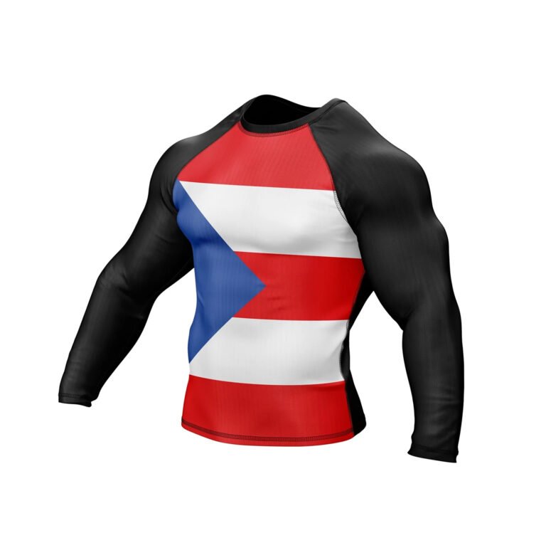 Close-up of high-quality fabric and stitching on Puerto Rico rash guard