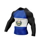 Side view of El Salvador Patriotic Rash Guard with long sleeves