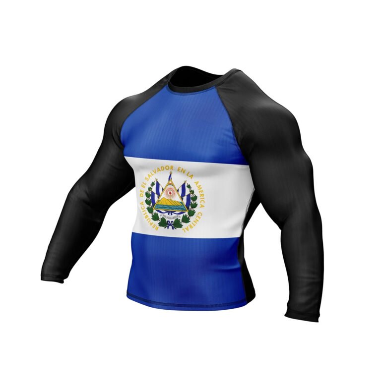 Side view of El Salvador Patriotic Rash Guard with long sleeves